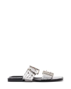 Outlet Therapy Shoes Ego Flat Sandal Cracked Metallic Silver