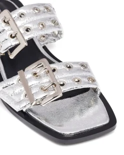 Outlet Therapy Shoes Ego Flat Sandal Cracked Metallic Silver