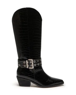 Online Therapy Shoes Maiden Tall Boot Patent Croc Black